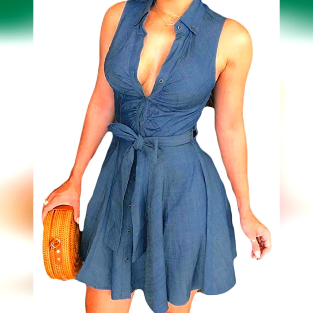 Dress light denim, sleeveless, with belt